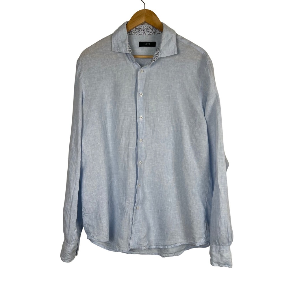Nove Mens Linen Long Sleeve Button Down Shirt Light Blue Floral Trim Size L